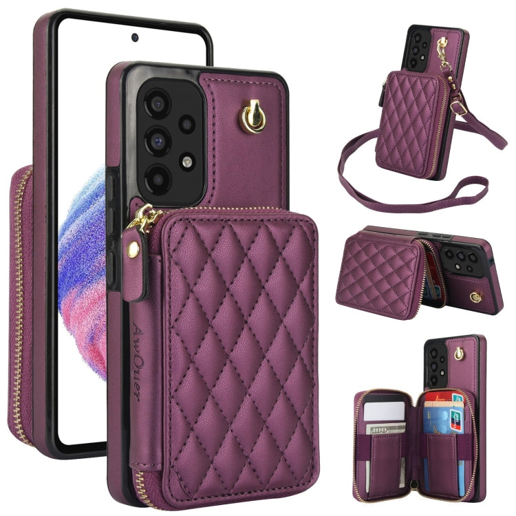 Pour Samsung Galaxy A53 4G / 5G Étui de téléphone à rabat en cuir matelassé avec porte-cartes et fermeture éclair AwQuer (Violet Foncé)