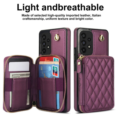 Pour Samsung Galaxy A53 4G / 5G Étui de téléphone à rabat en cuir matelassé avec porte-cartes et fermeture éclair AwQuer (Violet Foncé)