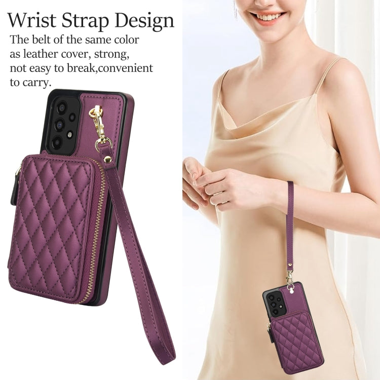 Pour Samsung Galaxy A53 4G / 5G Étui de téléphone à rabat en cuir matelassé avec porte-cartes et fermeture éclair AwQuer (Violet Foncé)