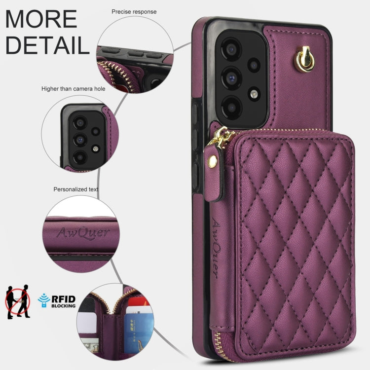 Pour Samsung Galaxy A53 4G / 5G Étui de téléphone à rabat en cuir matelassé avec porte-cartes et fermeture éclair AwQuer (Violet Foncé)