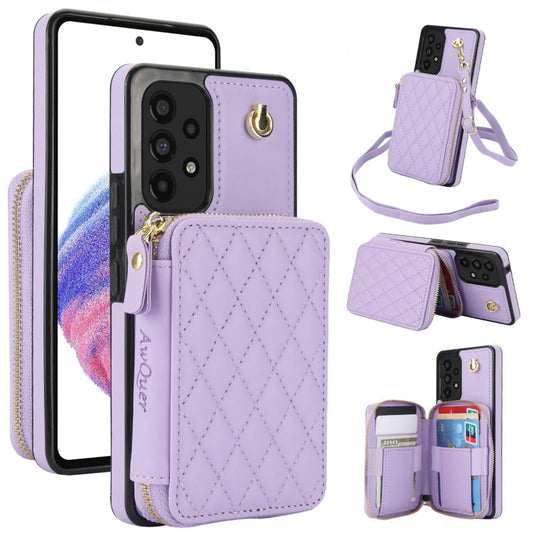 For Samsung Galaxy A53 4G / 5G AwQuer Crossbody Zipper Wallet Rhombic Leather Back Phone Case(Purple)