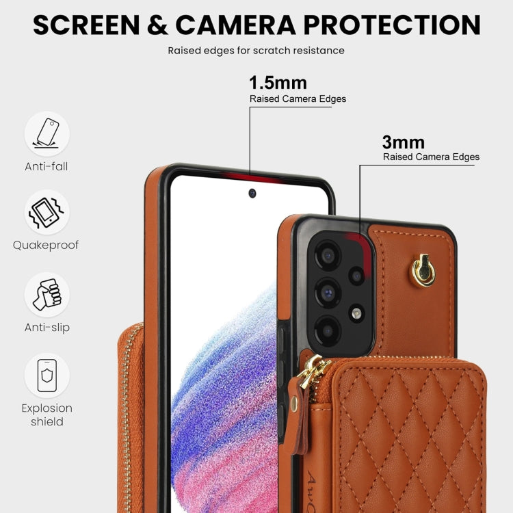 For Samsung Galaxy A53 4G / 5G AwQuer Crossbody Zipper Wallet Rhombic Leather Back Phone Case(Brown)