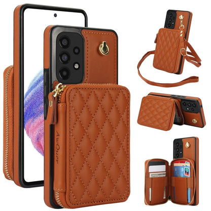 For Samsung Galaxy A53 4G / 5G AwQuer Crossbody Zipper Wallet Rhombic Leather Back Phone Case(Brown)