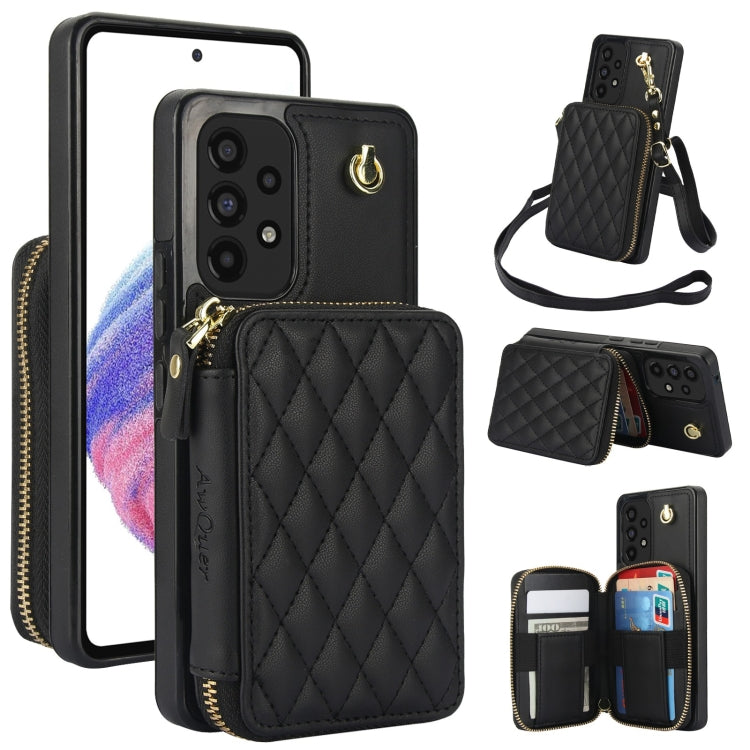For Samsung Galaxy A73 4G / 5G AwQuer Crossbody Zipper Wallet Rhombic Leather Back Phone Case(Black)