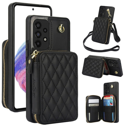 For Samsung Galaxy A73 4G / 5G AwQuer Crossbody Zipper Wallet Rhombic Leather Back Phone Case(Black)