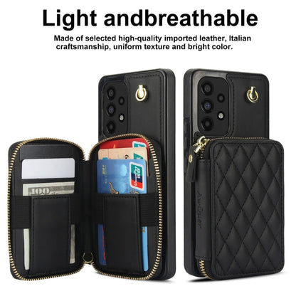 For Samsung Galaxy A73 4G / 5G AwQuer Crossbody Zipper Wallet Rhombic Leather Back Phone Case(Black)