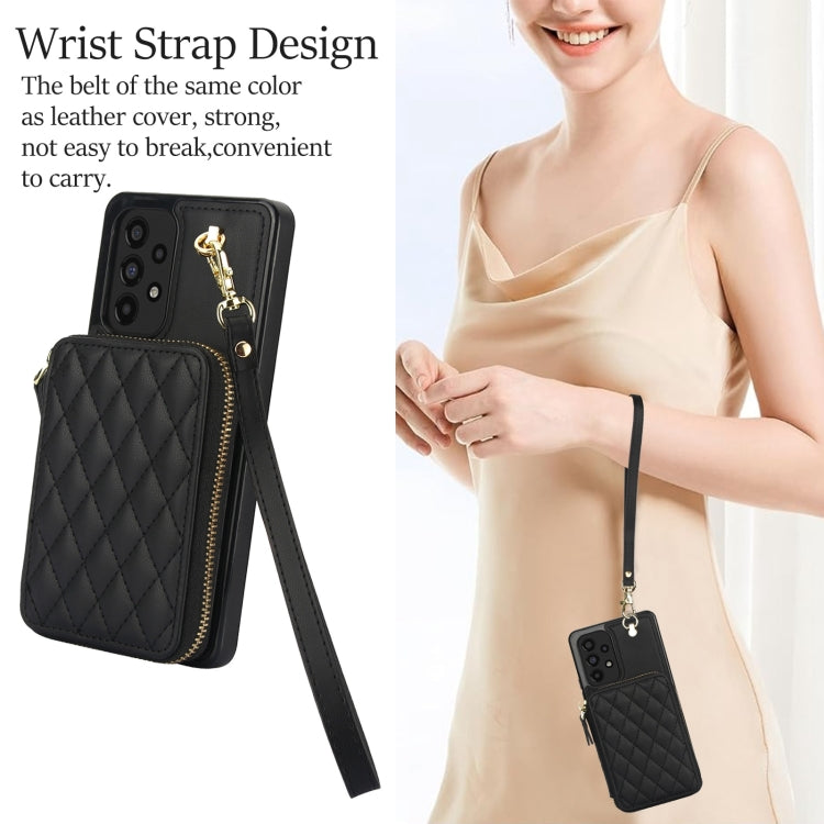 For Samsung Galaxy A73 4G / 5G AwQuer Crossbody Zipper Wallet Rhombic Leather Back Phone Case(Black)