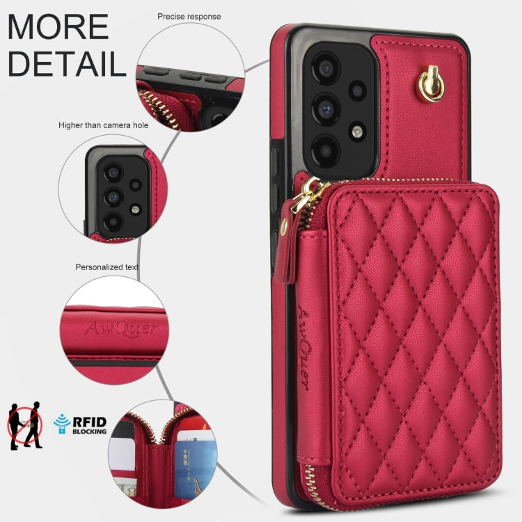 For Samsung Galaxy A73 4G / 5G AwQuer Crossbody Zipper Wallet Rhombic Leather Back Phone Case(Red)