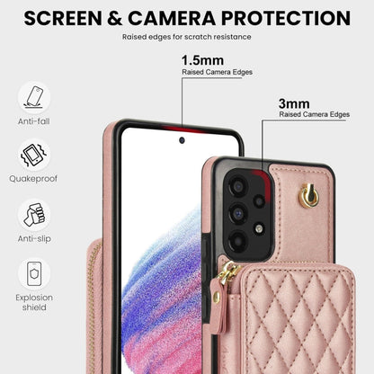 For Samsung Galaxy A73 4G / 5G AwQuer Crossbody Zipper Wallet Rhombic Leather Back Phone Case(Rose Gold)