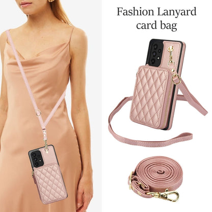 For Samsung Galaxy A73 4G / 5G AwQuer Crossbody Zipper Wallet Rhombic Leather Back Phone Case(Rose Gold)