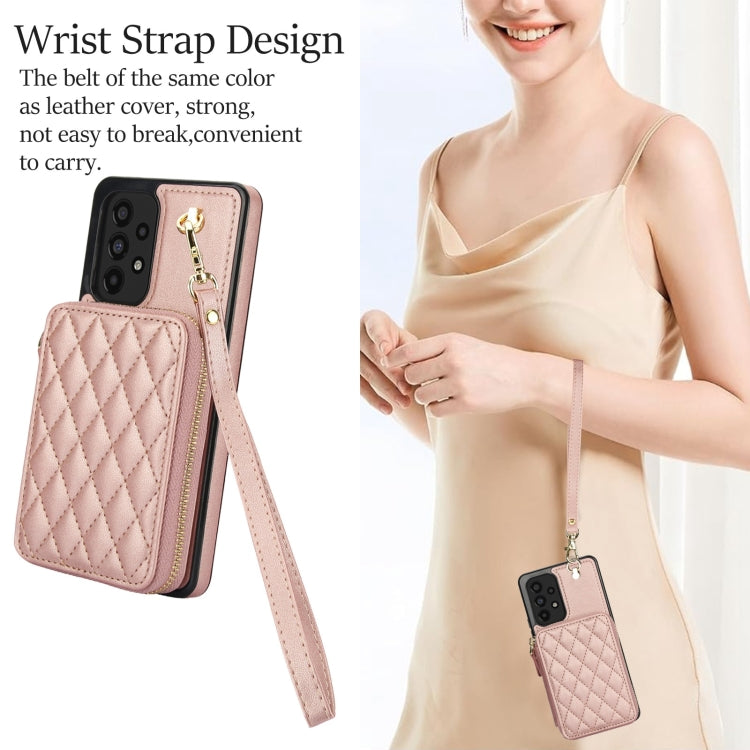 For Samsung Galaxy A73 4G / 5G AwQuer Crossbody Zipper Wallet Rhombic Leather Back Phone Case(Rose Gold)