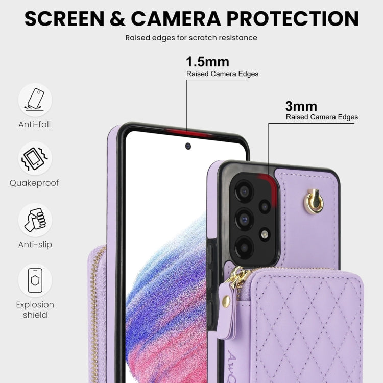 For Samsung Galaxy A73 4G / 5G AwQuer Crossbody Zipper Wallet Rhombic Leather Back Phone Case(Purple)