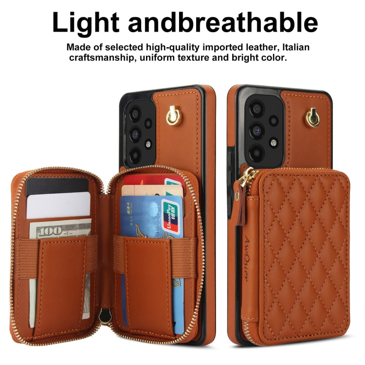 For Samsung Galaxy A73 4G / 5G AwQuer Crossbody Zipper Wallet Rhombic Leather Back Phone Case(Brown)