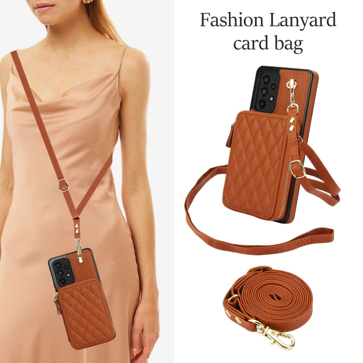 For Samsung Galaxy A73 4G / 5G AwQuer Crossbody Zipper Wallet Rhombic Leather Back Phone Case(Brown)
