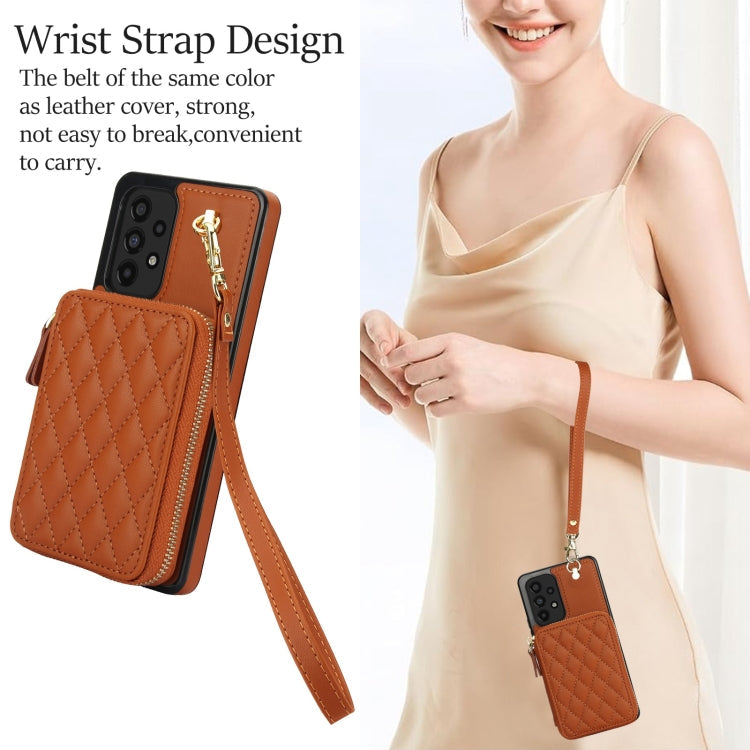 For Samsung Galaxy A73 4G / 5G AwQuer Crossbody Zipper Wallet Rhombic Leather Back Phone Case(Brown)