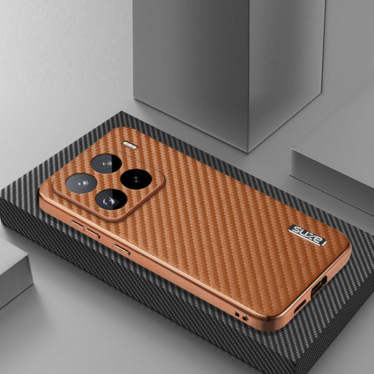 For Xiaomi 15 Pro AZNS Electroplated Edge Carbon Fiber Texture Phone Case(Brown)