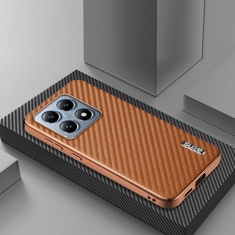 For Xiaomi 14T AZNS Electroplated Edge Carbon Fiber Texture Phone Case(Brown)