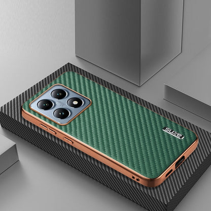 For Xiaomi 14T AZNS Electroplated Edge Carbon Fiber Texture Phone Case(Green)