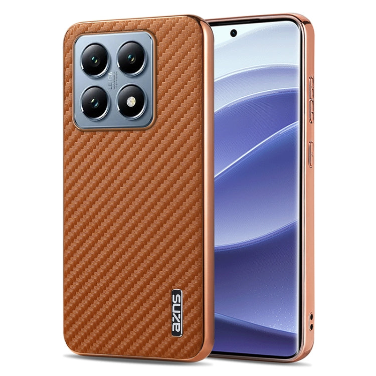 For Xiaomi 14T Pro AZNS Electroplated Edge Carbon Fiber Texture Phone Case(Brown)