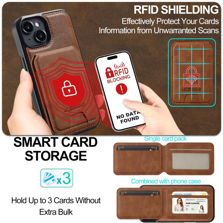 For iPhone 15 Plus / 14 Plus LC.IMEEKE L3 Series Detachable RFID Card Bag Magsafe Phone Case(Brown)