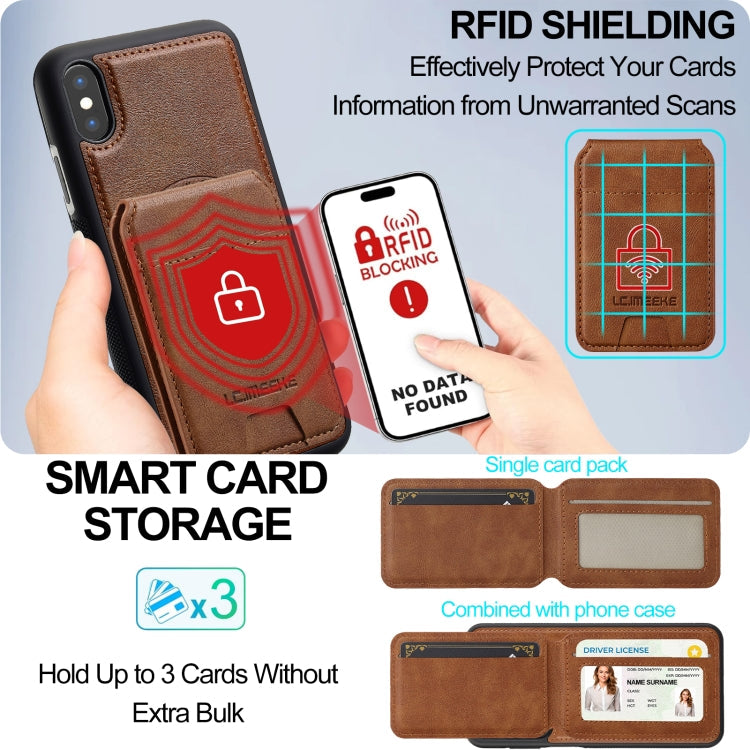 For iPhone XS / X LC.IMEEKE L3 Series Detachable RFID Card Bag Magsafe Phone Case(Brown)