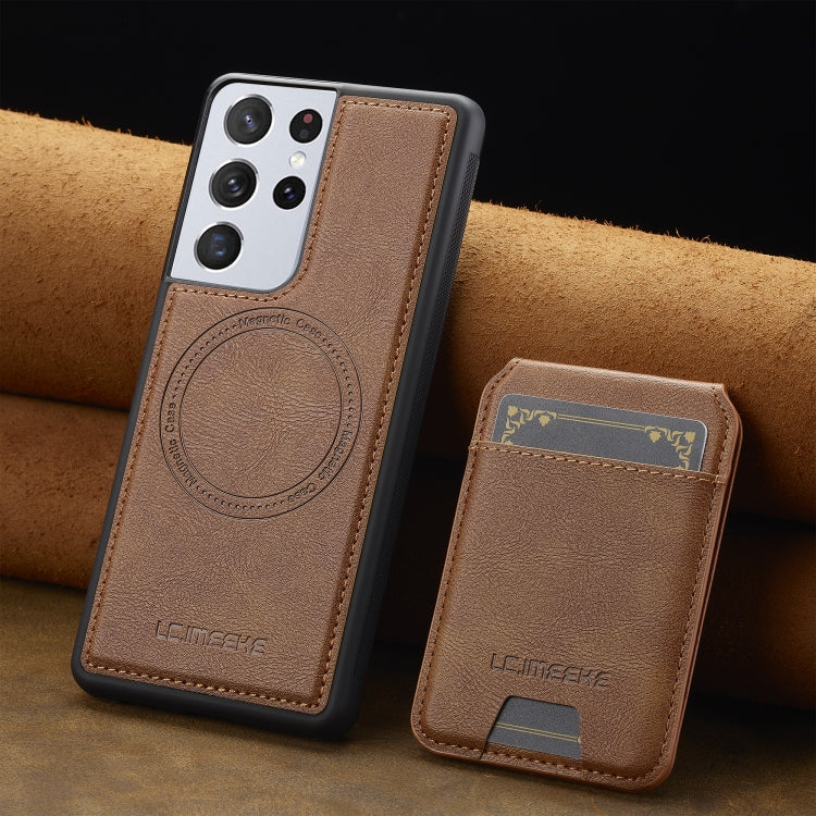 For Samsung Galaxy S21 Ultra 5G LC.IMEEKE L3 Series Detachable RFID Card Bag Magsafe Phone Case(Brown)