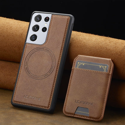 For Samsung Galaxy S21 Ultra 5G LC.IMEEKE L3 Series Detachable RFID Card Bag Magsafe Phone Case(Brown)