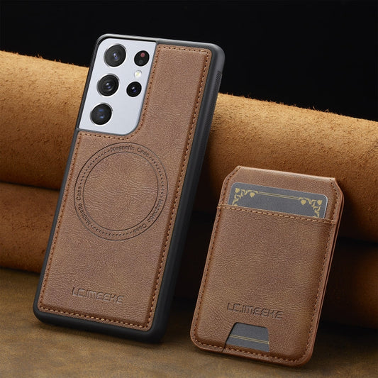 For Samsung Galaxy S21 Ultra 5G LC.IMEEKE L3 Series Detachable RFID Card Bag Magsafe Phone Case(Brown)