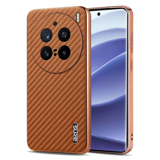 For vivo X200 Pro AZNS Electroplated Edge Carbon Fiber Texture Phone Case(Brown)