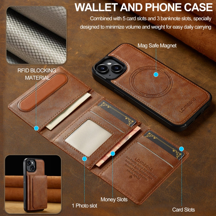 For iPhone 15 Plus / 14 Plus LC.IMEEKE L5 Series Detachable RFID Card Bag Magsafe Phone Case(Brown)