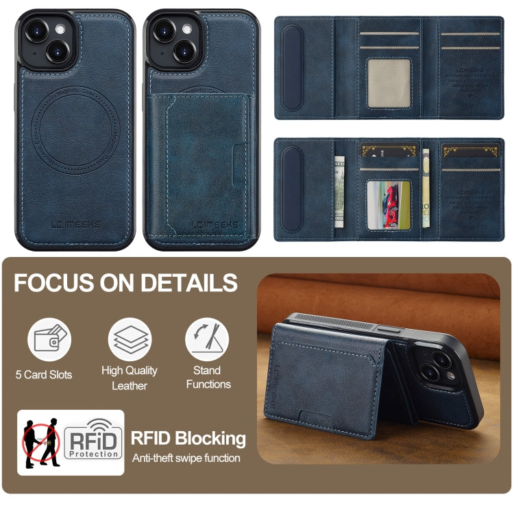 For iPhone 15 Plus / 14 Plus LC.IMEEKE L5 Series Detachable RFID Card Bag Magsafe Phone Case(Blue)