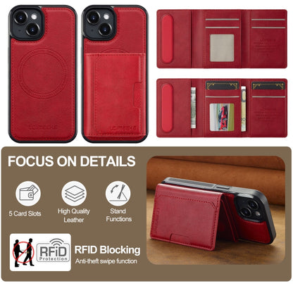 For iPhone 15 Plus / 14 Plus LC.IMEEKE L5 Series Detachable RFID Card Bag Magsafe Phone Case(Red)