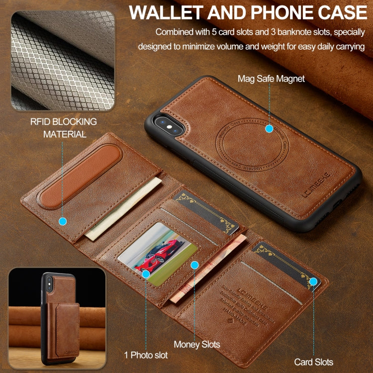 For iPhone XS / X LC.IMEEKE L5 Series Detachable RFID Card Bag Magsafe Phone Case(Brown)