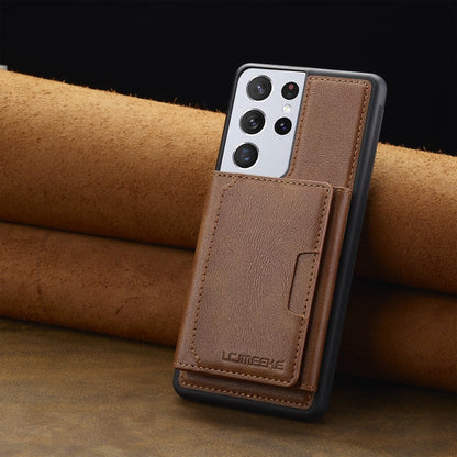 For Samsung Galaxy S21 Ultra 5G LC.IMEEKE L5 Series Detachable RFID Card Bag Magsafe Phone Case(Brown)