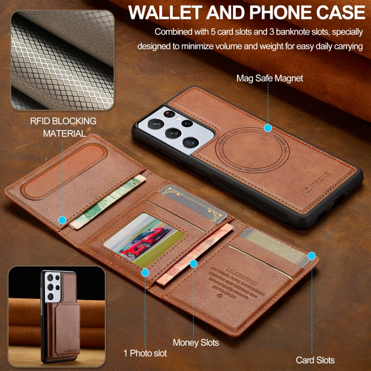 For Samsung Galaxy S21 Ultra 5G LC.IMEEKE L5 Series Detachable RFID Card Bag Magsafe Phone Case(Brown)