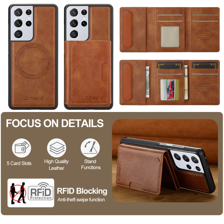 For Samsung Galaxy S21 Ultra 5G LC.IMEEKE L5 Series Detachable RFID Card Bag Magsafe Phone Case(Brown)