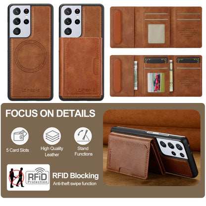 For Samsung Galaxy S21 Ultra 5G LC.IMEEKE L5 Series Detachable RFID Card Bag Magsafe Phone Case(Brown)