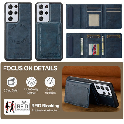 For Samsung Galaxy S21 Ultra 5G LC.IMEEKE L5 Series Detachable RFID Card Bag Magsafe Phone Case(Blue)
