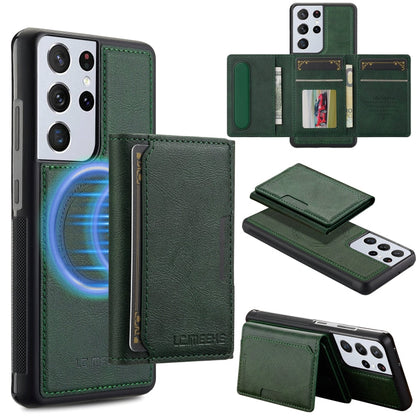 For Samsung Galaxy S21 Ultra 5G LC.IMEEKE L5 Series Detachable RFID Card Bag Magsafe Phone Case(Green)