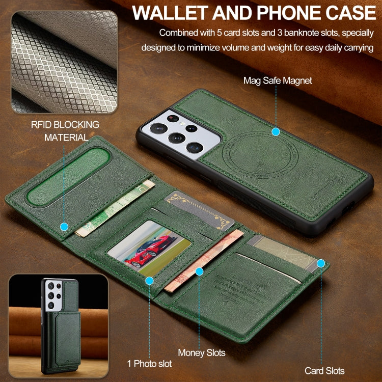 For Samsung Galaxy S21 Ultra 5G LC.IMEEKE L5 Series Detachable RFID Card Bag Magsafe Phone Case(Green)