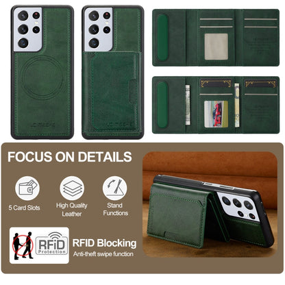 For Samsung Galaxy S21 Ultra 5G LC.IMEEKE L5 Series Detachable RFID Card Bag Magsafe Phone Case(Green)