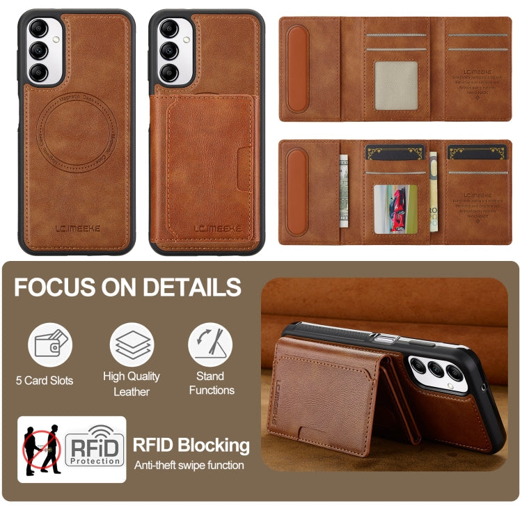 For Samsung Galaxy A34 5G LC.IMEEKE L5 Series Detachable RFID Card Bag Magsafe Phone Case(Brown)