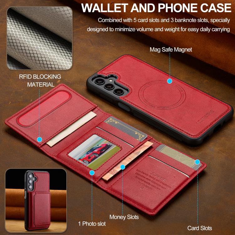 For Samsung Galaxy A36 5G LC.IMEEKE L5 Series Detachable RFID Card Bag Magsafe Phone Case(Red)