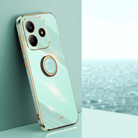 Pour Redmi Note 14 5G XINLI Étui antichoc en TPU plaqué or 6D à bord droit avec support d'anneau (Vert menthe)
