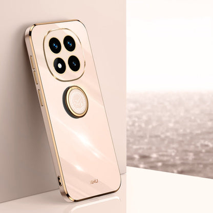 For Redmi Note 14 Pro 5G XINLI Straight 6D Plating Gold Edge TPU Shockproof Case with Ring Holder(Pink)