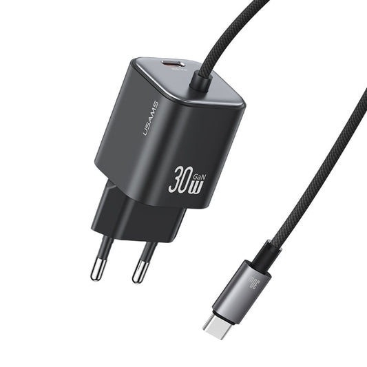 USAMS CC264 30W GaN Mini Type-C / USB-C Dual Port Fast Charger with Cable, EU Plug(Black)