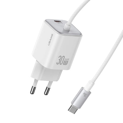 USAMS CC264 30W GaN Mini Type-C / USB-C Dual Port Fast Charger with Cable, EU Plug(White)