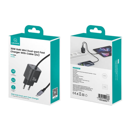 USAMS CC264 30W GaN Mini Type-C / USB-C Dual Port Fast Charger with Cable, EU Plug(Black)