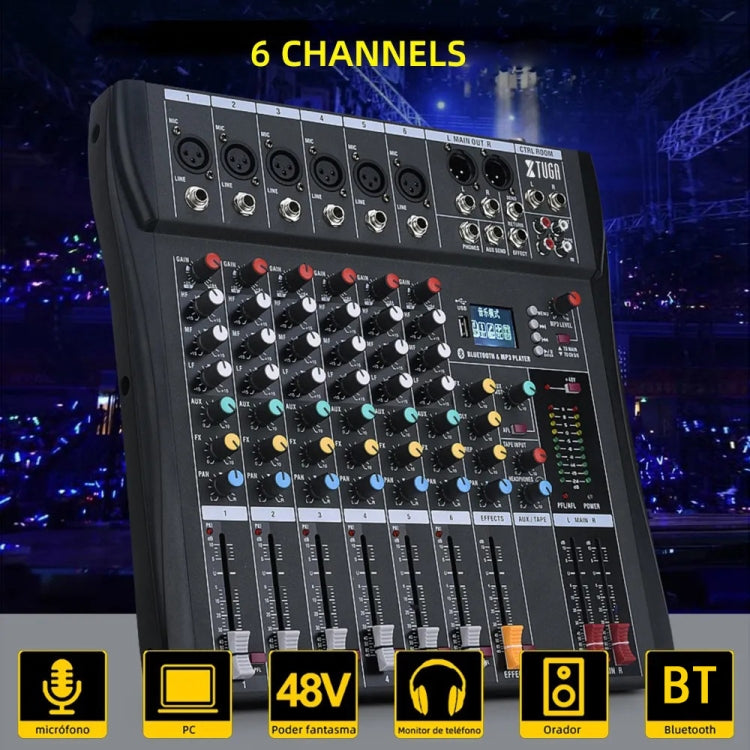 XTUGA CT60X 6-Channels Audio Mixer DJ Mixing Console with 48V Power Supply(US Plug)