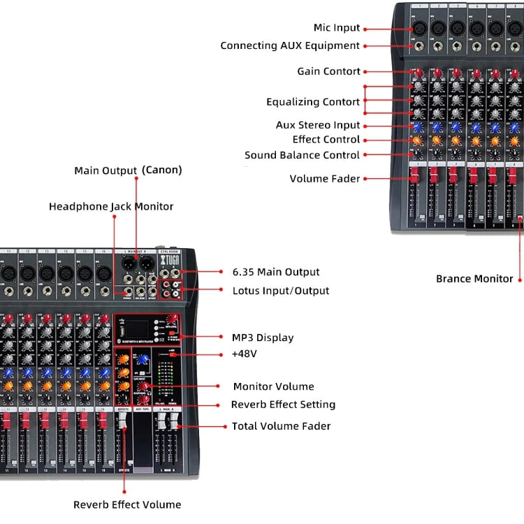 XTUGA CT60X 6-Channels Audio Mixer DJ Mixing Console with 48V Power Supply(US Plug)